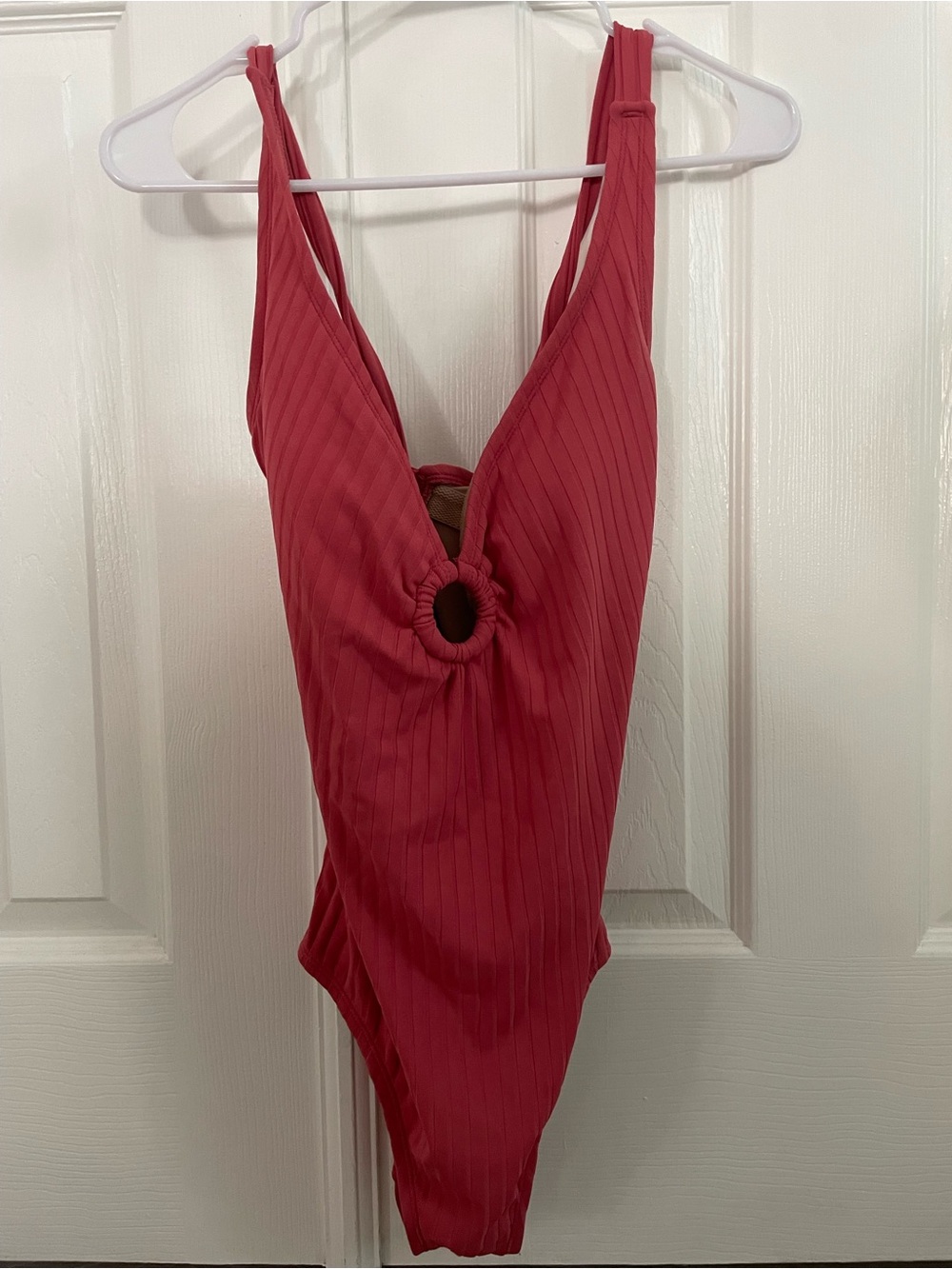 Kona Sol Ribbed Deep V One-Piece Swimsuit in Rose